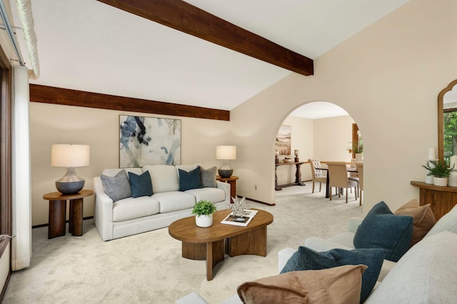 5853 Deer Trail Cir, Woodbury, MN 55129 - living area with carpet flooring, arched walkways, and beamed ceiling
