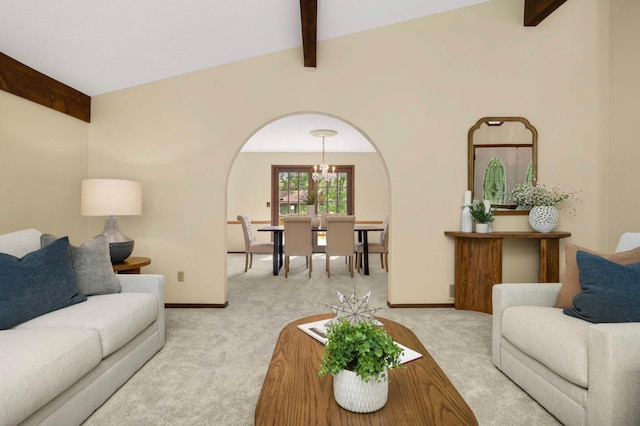 5853 Deer Trail Cir, Woodbury, MN 55129 - living room with carpet flooring, beamed ceiling, and arched walkways