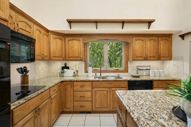 5853 Deer Trail Cir, Woodbury, MN 55129 - kitchen featuring black appliances, brown cabinets, and backsplash