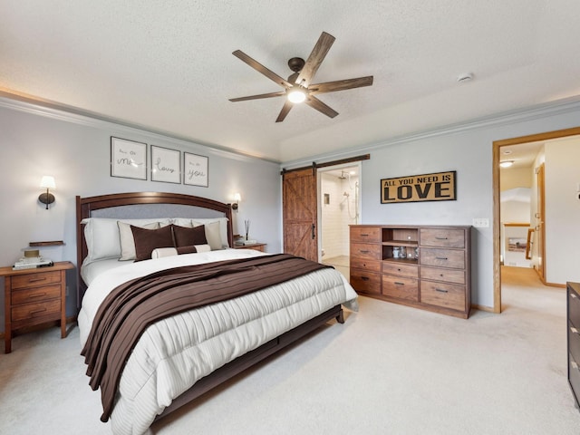 22184 Iman St NW, Nowthen, MN 55330 - bedroom with crown molding, a barn door, light colored carpet, a textured ceiling, and ceiling fan
