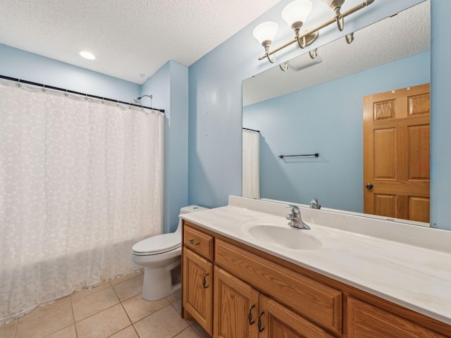 22184 Iman St NW, Nowthen, MN 55330 - bathroom featuring toilet, vanity, a textured ceiling, tile patterned flooring, and curtained shower