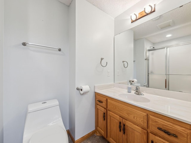 22184 Iman St NW, Nowthen, MN 55330 - full bathroom featuring toilet, vanity, a textured ceiling, a shower stall, and baseboards