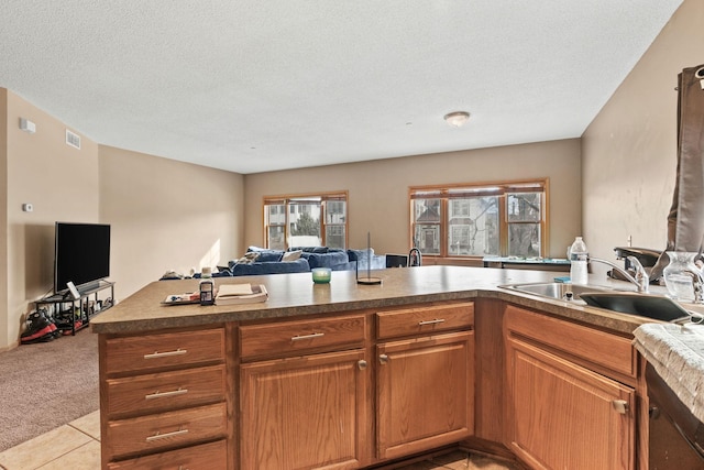 kitchen featuring open floor plan, a textured ceiling, a sink, light carpet, and brown cabinetry