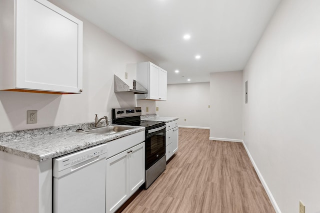 kitchen with a sink, white cabinetry, stainless steel range with electric stovetop, white dishwasher, and baseboards