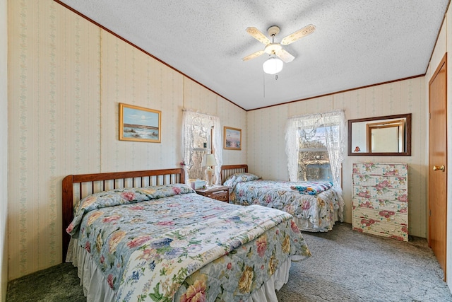 18482 Captive Lake Rd, Kathio Twp, MN 56450 - carpeted bedroom with a textured ceiling, crown molding, and a ceiling fan