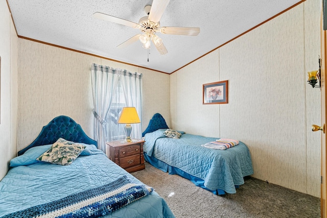18482 Captive Lake Rd, Kathio Twp, MN 56450 - carpeted bedroom featuring crown molding, a textured ceiling, and ceiling fan