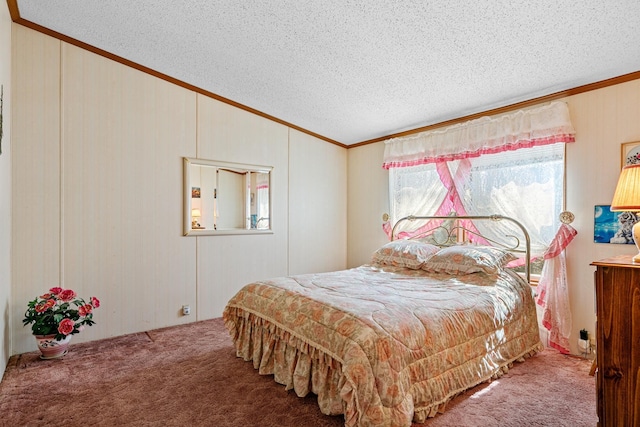 18482 Captive Lake Rd, Kathio Twp, MN 56450 - carpeted bedroom with crown molding, a textured ceiling, vaulted ceiling, and wood walls