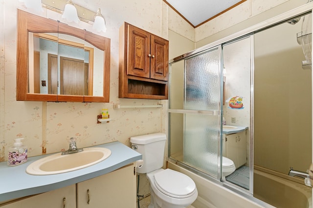 18482 Captive Lake Rd, Kathio Twp, MN 56450 - bathroom featuring wallpapered walls, vanity, an enclosed shower, toilet, and a bathtub