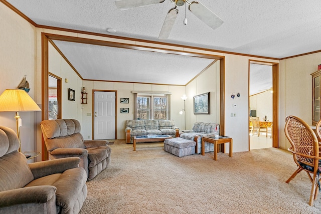 18482 Captive Lake Rd, Kathio Twp, MN 56450 - living room featuring ornamental molding, a ceiling fan, carpet flooring, a textured ceiling, and lofted ceiling
