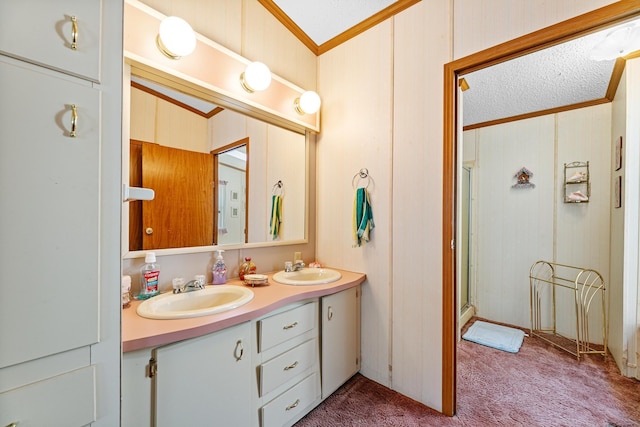 18482 Captive Lake Rd, Kathio Twp, MN 56450 - bathroom with crown molding, a shower stall, and double vanity