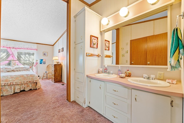 18482 Captive Lake Rd, Kathio Twp, MN 56450 - full bathroom featuring crown molding, ensuite bathroom, double vanity, a textured ceiling, and lofted ceiling