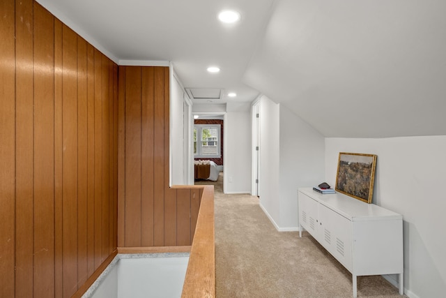 851 Watson Ave, Saint Paul, MN 55102 - hall featuring light colored carpet, recessed lighting, wood walls, and baseboards