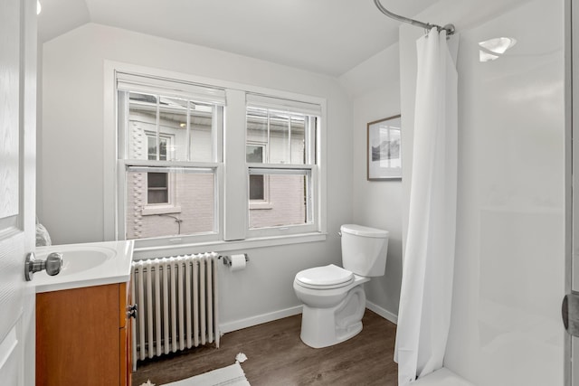 851 Watson Ave, Saint Paul, MN 55102 - bathroom with radiator heating unit, vanity, toilet, wood finished floors, and a shower with shower curtain