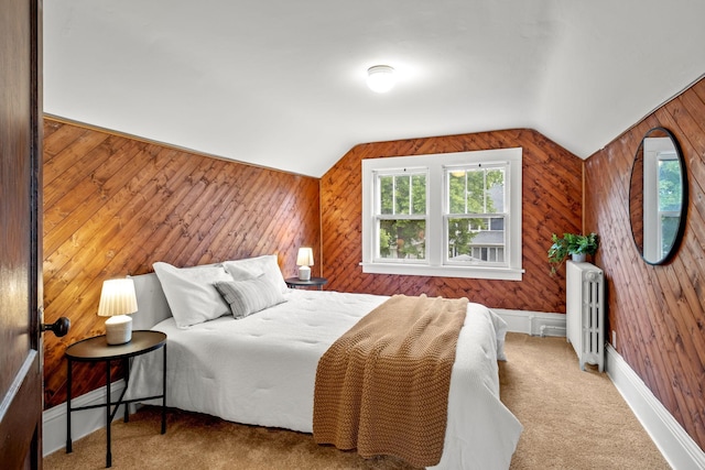 851 Watson Ave, Saint Paul, MN 55102 - carpeted bedroom featuring wood walls, radiator heating unit, multiple windows, and lofted ceiling