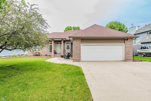 ranch-style house with brick siding, a shingled roof, concrete driveway, a front yard, and an attached garage