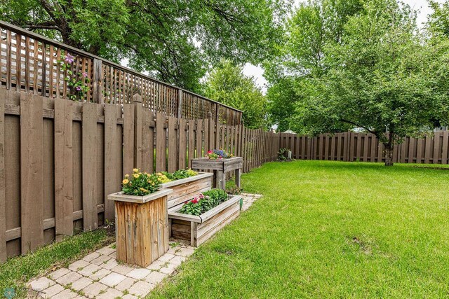 view of yard with a fenced backyard and a garden