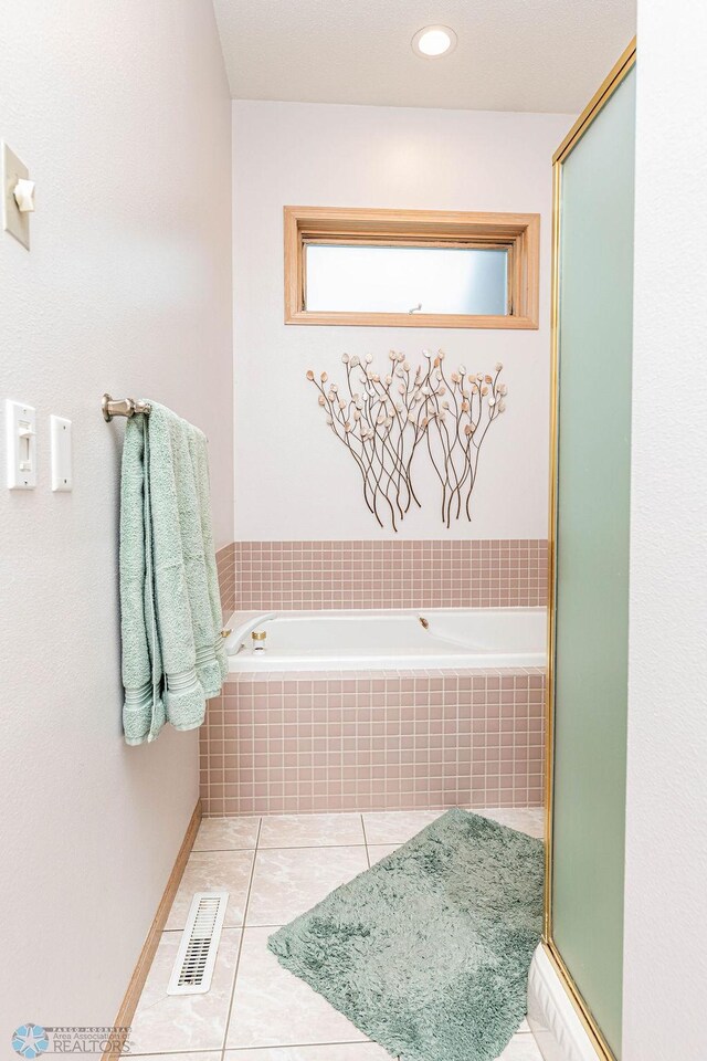 bathroom with tile patterned flooring, visible vents, a garden tub, recessed lighting, and an enclosed shower