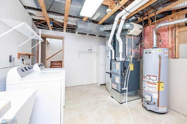 unfinished basement with stairway, heating unit, water heater, a sink, and washer and dryer