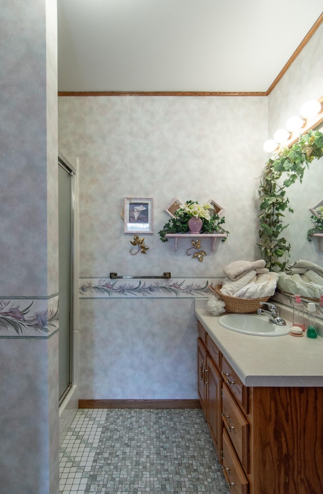 17639 Gayle Dr, Little Falls, MN 56345 - bathroom with vanity, crown molding, and an enclosed shower