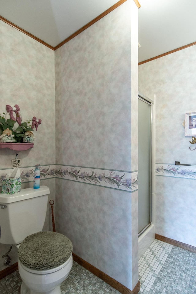 17639 Gayle Dr, Little Falls, MN 56345 - full bathroom with an enclosed shower, ornamental molding, and toilet