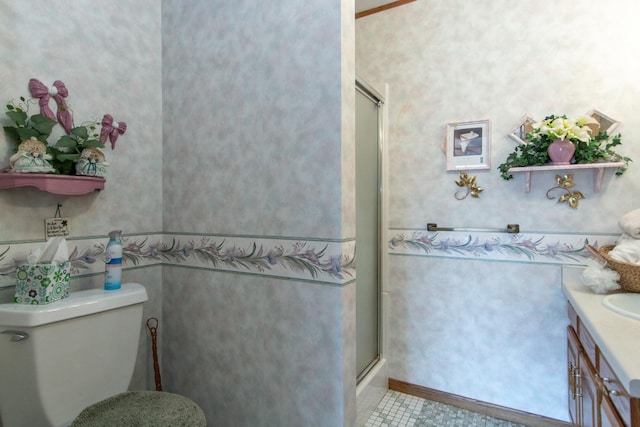 17639 Gayle Dr, Little Falls, MN 56345 - full bathroom with tile patterned flooring, a shower with shower door, toilet, and vanity