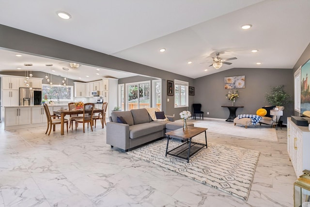living room featuring lofted ceiling, marble finish floor, baseboards, ceiling fan, and recessed lighting