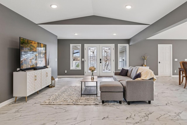 living area with baseboards, marble finish floor, vaulted ceiling, and recessed lighting