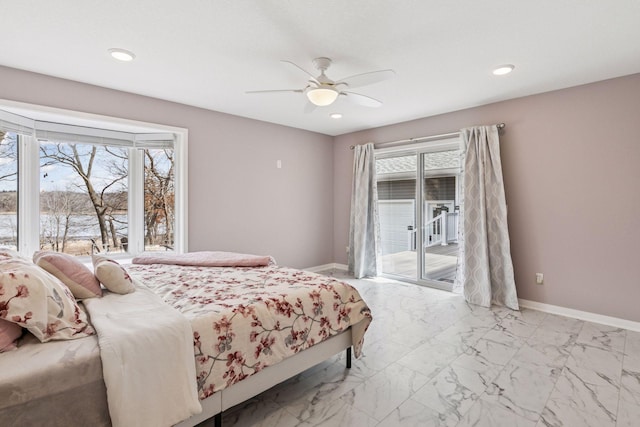 bedroom with baseboards, marble finish floor, recessed lighting, a ceiling fan, and access to exterior