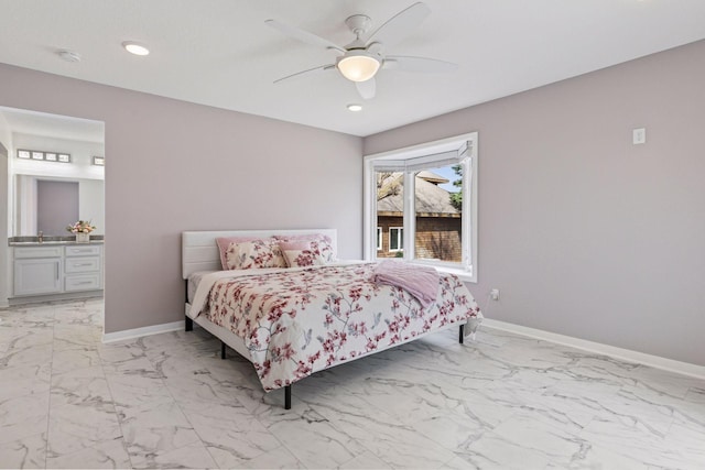 bedroom with baseboards, marble finish floor, recessed lighting, and a ceiling fan