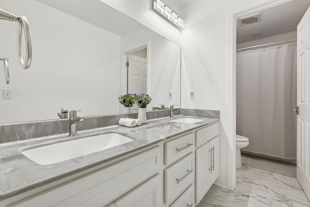 full bath with marble finish floor, visible vents, toilet, and a sink