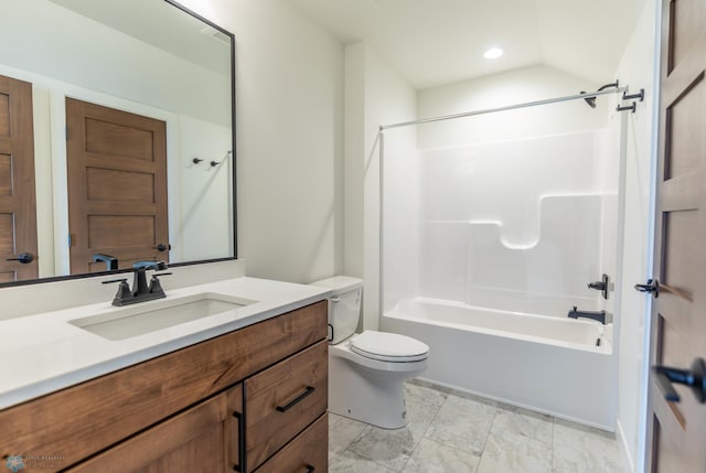 662 Rania Way W, West Fargo, ND 58078 - full bath with vanity, toilet, tub / shower combination, vaulted ceiling, and recessed lighting