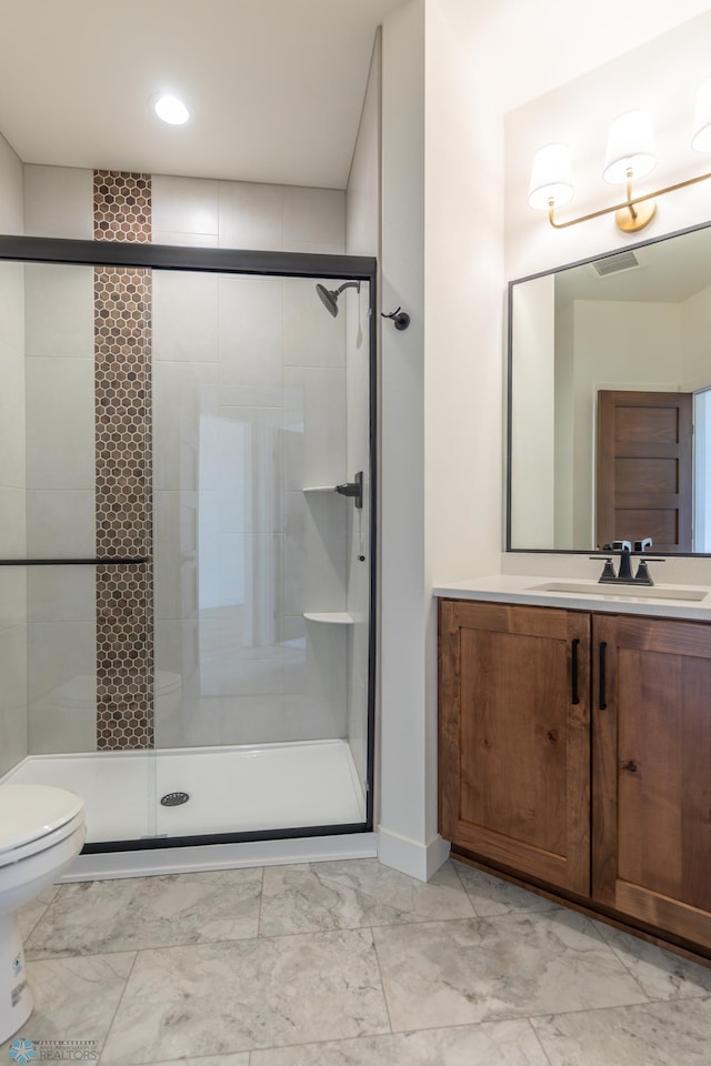662 Rania Way W, West Fargo, ND 58078 - bathroom with marble finish flooring, a shower stall, and vanity