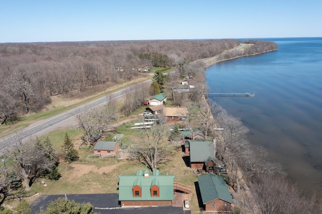 birds eye view of property with a view of trees and a water view