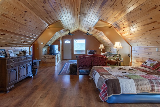 bedroom featuring wooden walls, wooden ceiling, wood finished floors, and lofted ceiling