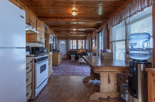 kitchen featuring under cabinet range hood, white appliances, and wooden ceiling