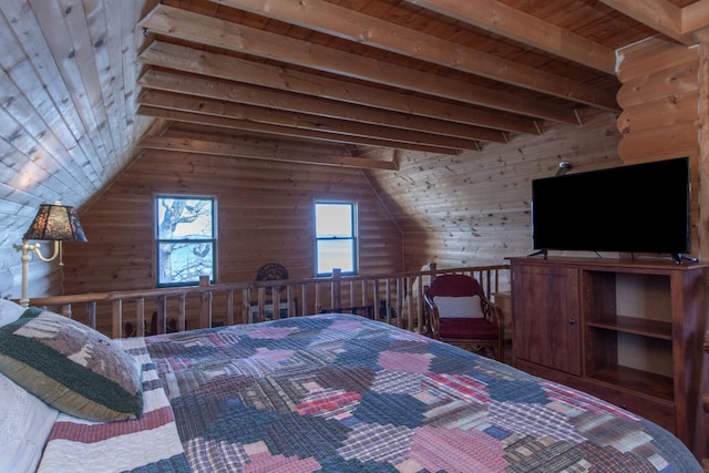 bedroom with wooden ceiling, wood walls, and beam ceiling