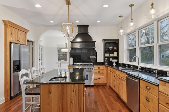 18975 Highland Ave, Deephaven, MN 55391 - kitchen with stainless steel appliances, a sink, custom range hood, dark wood finished floors, and recessed lighting