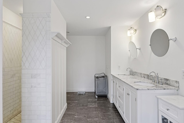 18975 Highland Ave, Deephaven, MN 55391 - bathroom featuring walk in shower, double vanity, wood finished floors, and recessed lighting