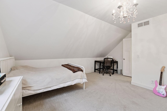 18975 Highland Ave, Deephaven, MN 55391 - bedroom featuring light carpet, vaulted ceiling, a chandelier, and baseboards