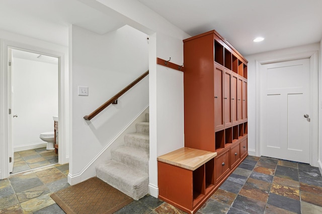 18975 Highland Ave, Deephaven, MN 55391 - mudroom featuring stone tile floors, recessed lighting, and baseboards