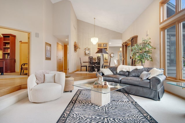 780 Virginia Shores Cir, Excelsior, MN 55331 - living room featuring high vaulted ceiling and carpet flooring