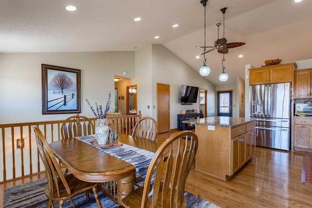 26141 Jonquil Ave, New Market Twp, MN 55020 - dining space featuring ceiling fan, light wood-style floors, recessed lighting, and high vaulted ceiling