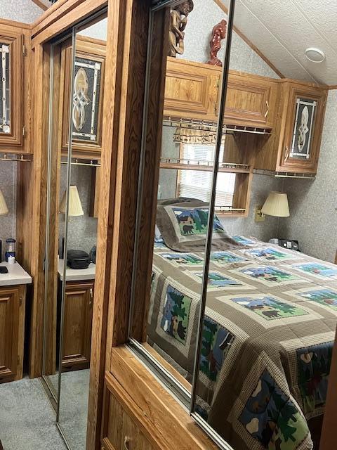 carpeted bedroom with a closet and lofted ceiling