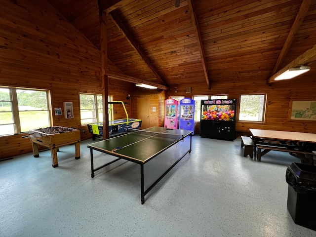 playroom with wood ceiling, speckled floor, beam ceiling, and wooden walls