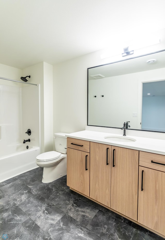8030 59th St S, Horace, ND 58047 - full bathroom with vanity, toilet, shower / bathtub combination, and marble finish floors