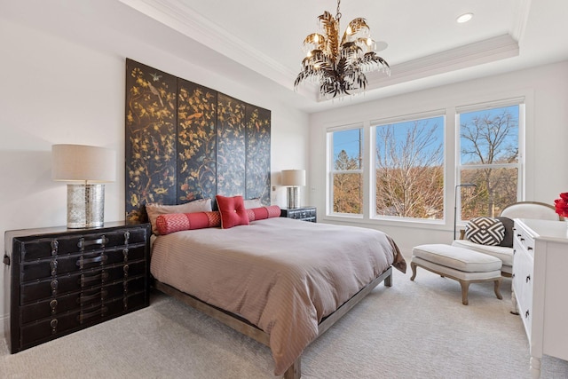 carpeted bedroom featuring crown molding, a raised ceiling, and a notable chandelier