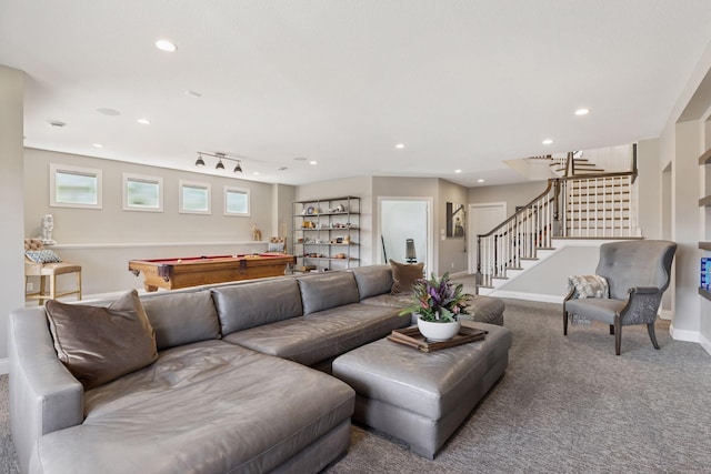 carpeted living room with baseboards, billiards, stairs, and recessed lighting