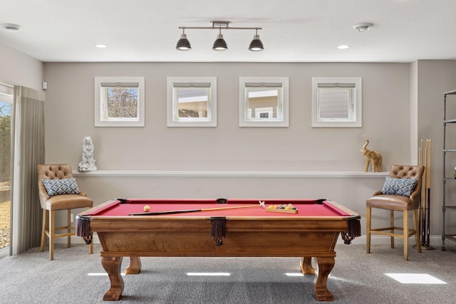 game room featuring pool table and carpet