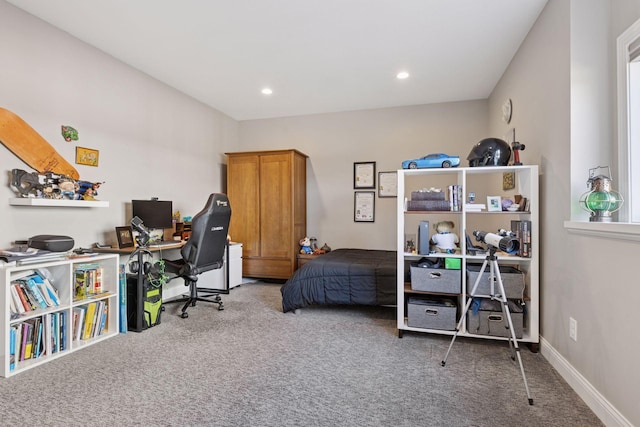 bedroom with carpet floors and recessed lighting