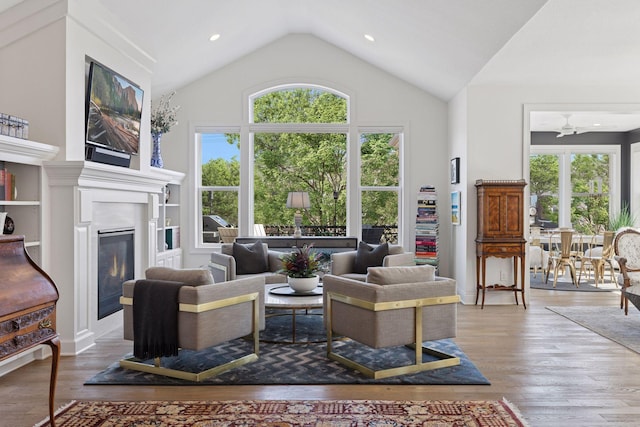 208 Byrondale Ave, Wayzata, MN 55391 - living room featuring healthy amount of natural light, a glass covered fireplace, wood finished floors, and high vaulted ceiling